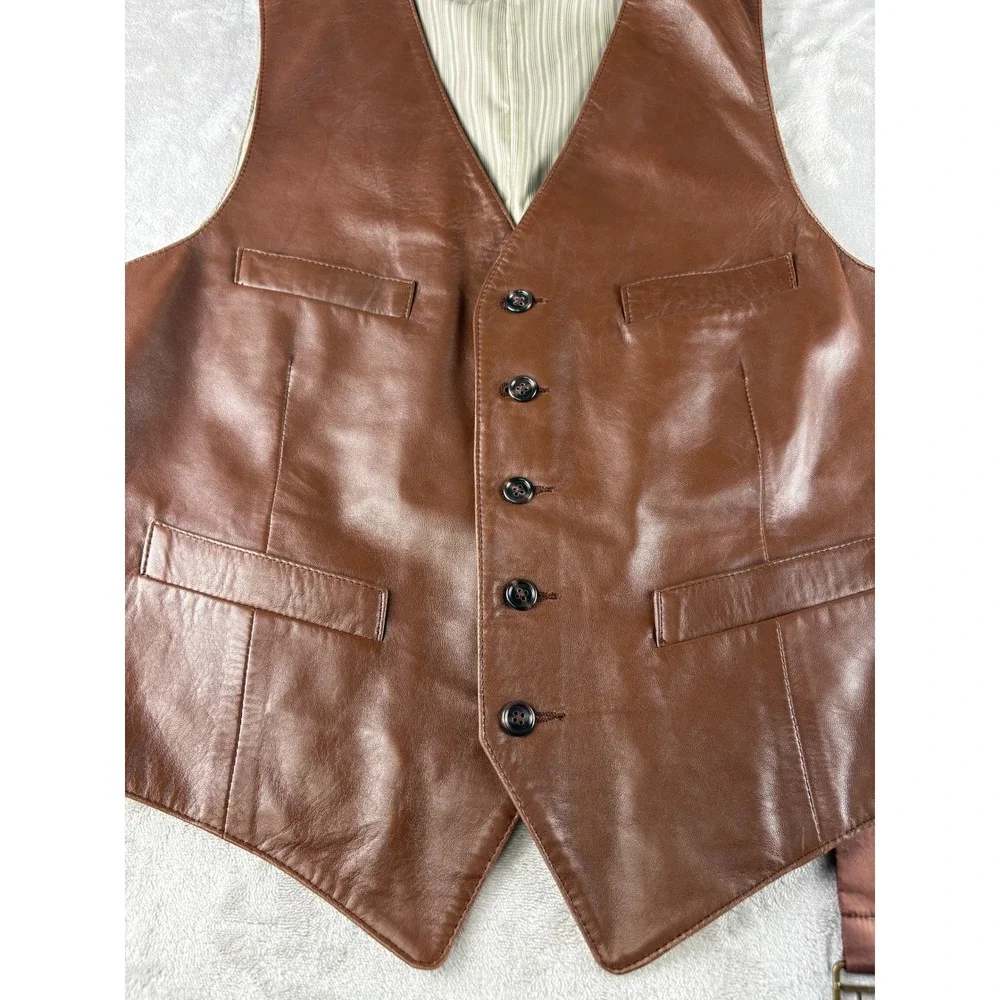 The Natural Style Mens Brown Genuine Leather Vest Waistcoat Size Large Regular